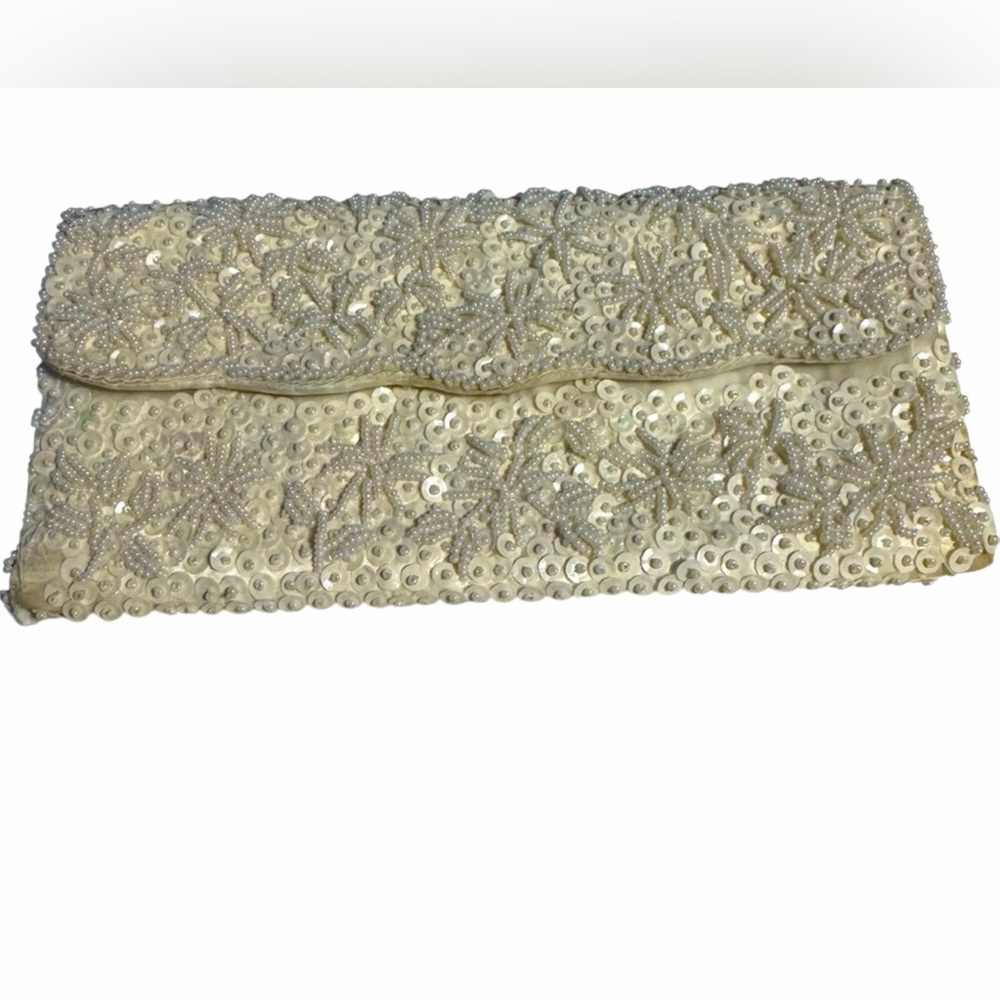 Vintage Style Clutch with Sequin& Bead Detailing 4 x 8” interior smaller pocket